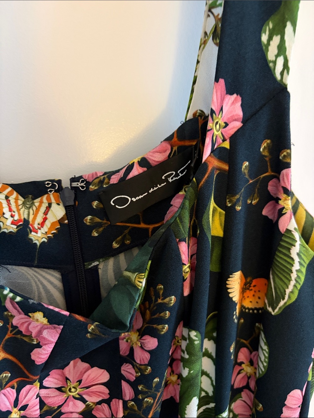 Oscar de la Renta Navy Floral Midi Dress with Pink & Green Print - Picture 2 of 5